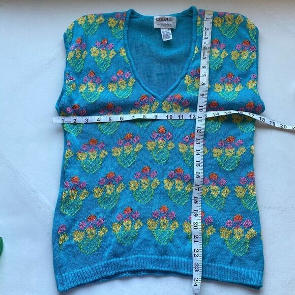 Rare Vintage 80s Collage Women’s M Blue Knit Sweater Vest Floral Pattern retro - Picture 3 of 6